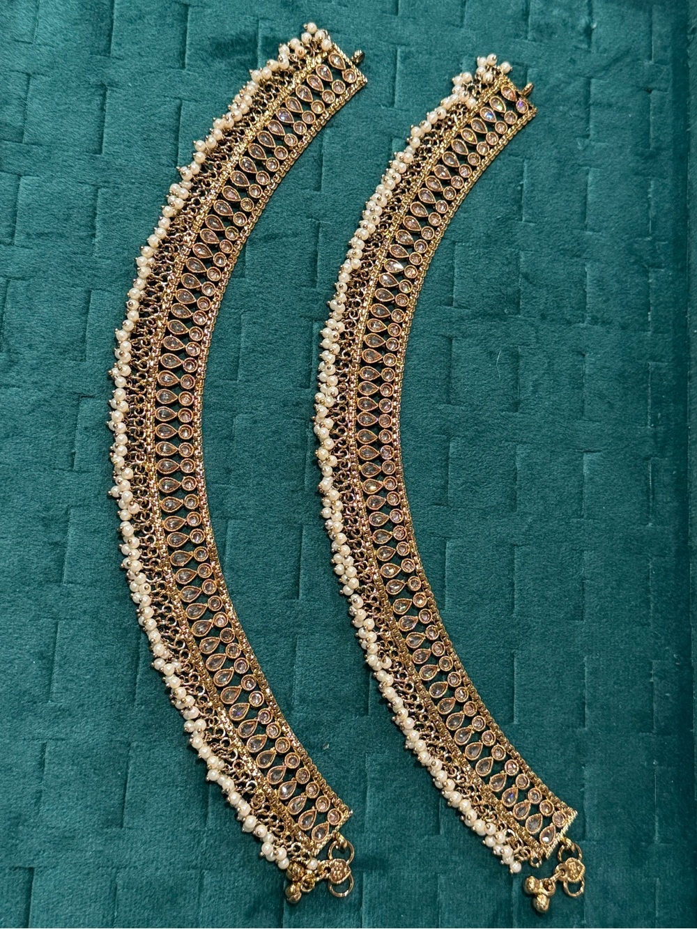 Gold and White Pearl & champagne rhinestones .Traditional Anklet Pair